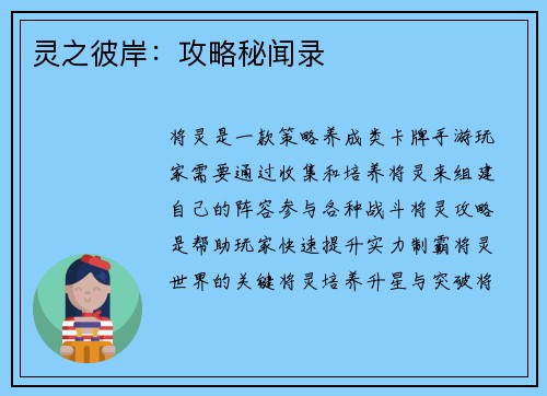 灵之彼岸：攻略秘闻录